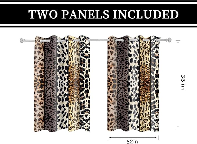 Wild Animal Print Curtain, Room Darkening Thermal Insulated Blackout Leopard Boa Window Drapes with Grommets for Living, Dining, Bedroom, Grey Leopard Print, 52"x 36", 2 Panels