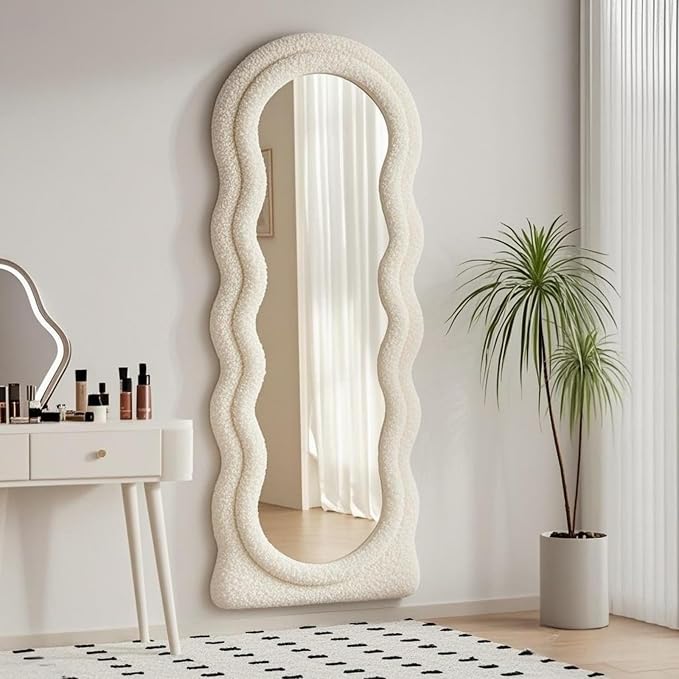 Dewfig Full Length Mirror, 63" x 24"Irregular Wavy Mirror, Large Floor Length Mirrors Wall Mounted, Standing Wavy Mirrors with Teddy Velvet Wrapped Wooden Frame for Bedroom/Living Room, White
