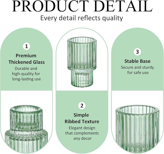 Vintage Ribbed Green Glass Candle Holders Set of 12, 3 Assorted Sizes for Pillar, Tealight & Votive Holders, Elegant Glass Candlestick Holders for Table Centerpiece Wedding Christmas Decor