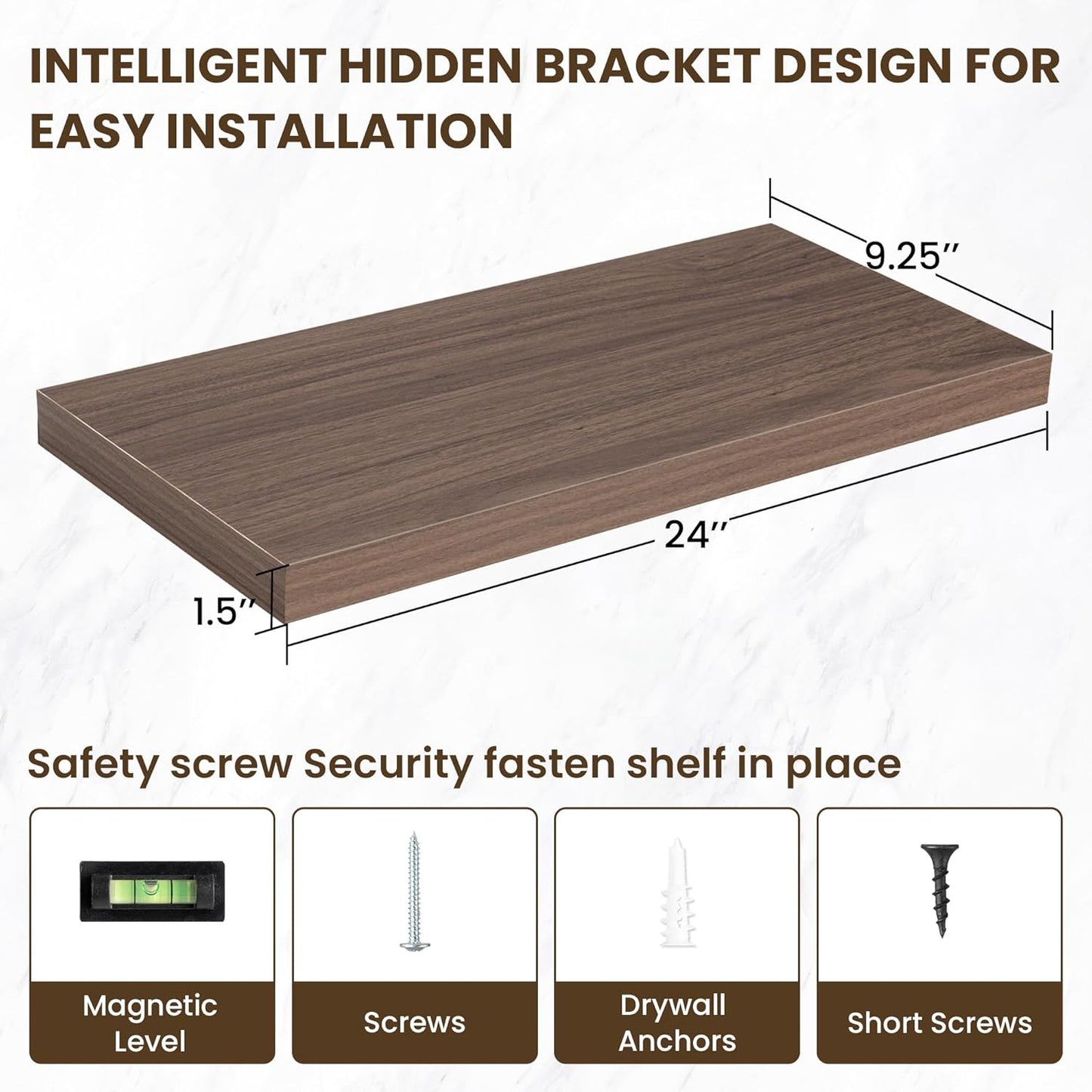 24 Inch Floating Shelves, 24"x9.25"x1.5" Inch Deep Floating Shelves for Wall, Wooden Shelves for Bathroom, Bedroom, Living Room, Walnut