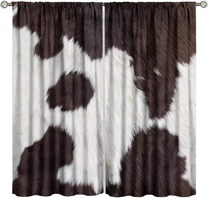 Cowhide Blackout Curtain, Animal Fur Skin Curtains Brown Cowhide Western Farm Drapes, Rod Pocket Window Treatments 2 Panels Curtains for Bedroom Nursery Office Living Room Decor 63" W X 72" L