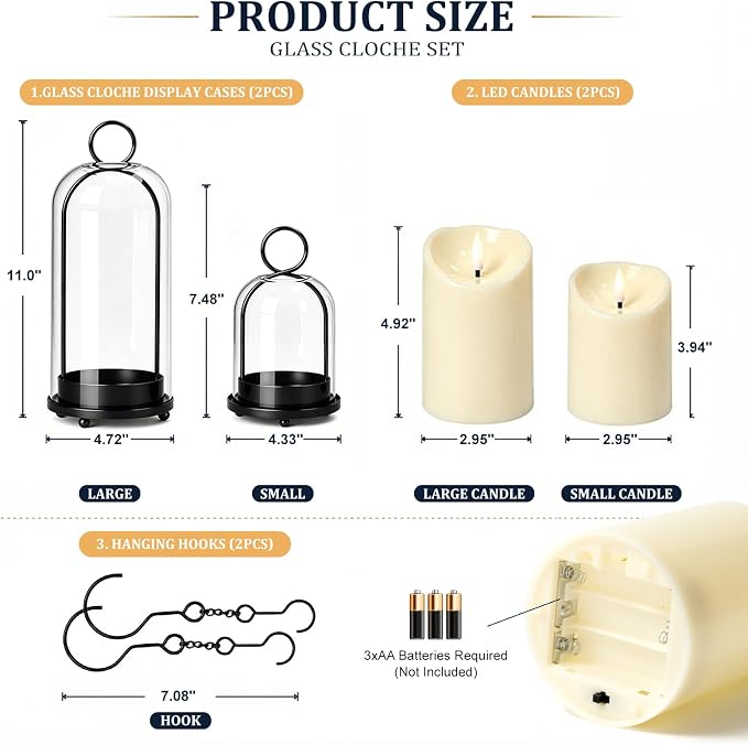 Brass Hurricane Handmade Sturdy Glass Dome Candle Holders with Glass Cover, Set of 2 Flameless Battery Operated LED Pillar Candles and Remote, Elegant Cloche Lantern for Modern Table Centerpiece