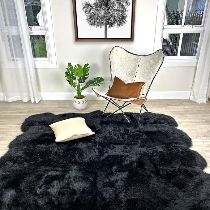 HUAHOO Premium Genuine Sheepskin Rug Real Australia Sheepskin Natural Luxury Fluffy Lambskin Fur Area Rug Seat Covers for Kids Bedroom Sofa Chair Cover Pets Dogs Mat Eight Pelt /6.2' x 7' Black