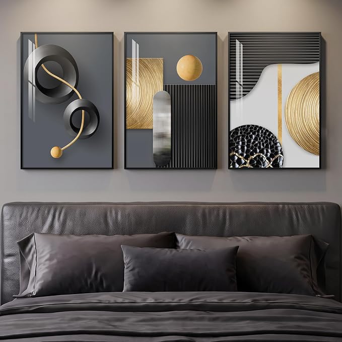 Framed Modern Elegant Wall Art for Living Room, 3 Piece Contemporary Luxury Prints Paintings, Black and Gold Abstract Geometric Pictures for Bedroom Dining Room Hallway Entryway Home Office Wall Decor 16x24 In