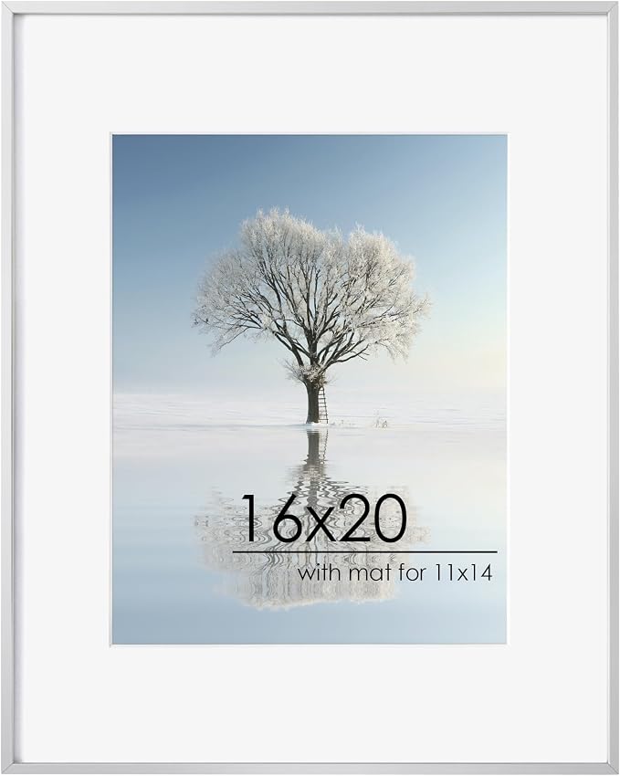 FLYJOE 16x20 Metal Picture Frame For Wall With Mat For 11x14, 16''x20'' Aluminum Photo Frames With Tempered Glass, Minimalist Modern Poster Frame Horizontal And Vertical Formats, Silver