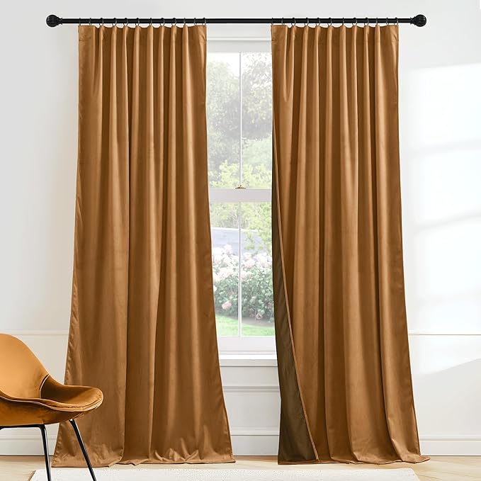 RYB HOME Luxurious Bronze Velvet Curtain Panels for Living Room Bedroom, Heavy Duty Thermal Insulated Rod Pocket Back Tab Velvet Drapes for Vintage Decor, 52" W x L72 L, 2 Panels Set