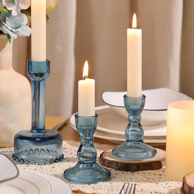 Lanttu 6 Pcs Blue Glass Candlestick Holders Taper Candle Holder Bulk | Crystal Candle Holders for Wedding, Table Centerpiece, Home Decoration