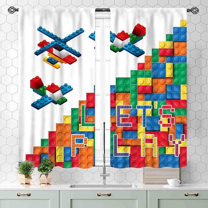 Building Blocks Curtains for Boys Room, Abstract Colorful Plastic Building Brick Blocks Geometric Helicopter Aircraft Pattern Window Drapes for Baby Bedroom Living Room, 55x39 Inch