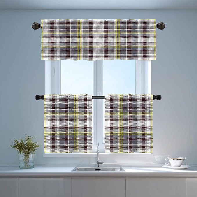 Shrahala Grunge Vintage Art Plaid Blackout Short Curtains for Windows, Tartan Grey Kitchen Valance Thermal Insulated Rod Pocket Window Treatment for Bathroom 2 Pack 52 X 18 in