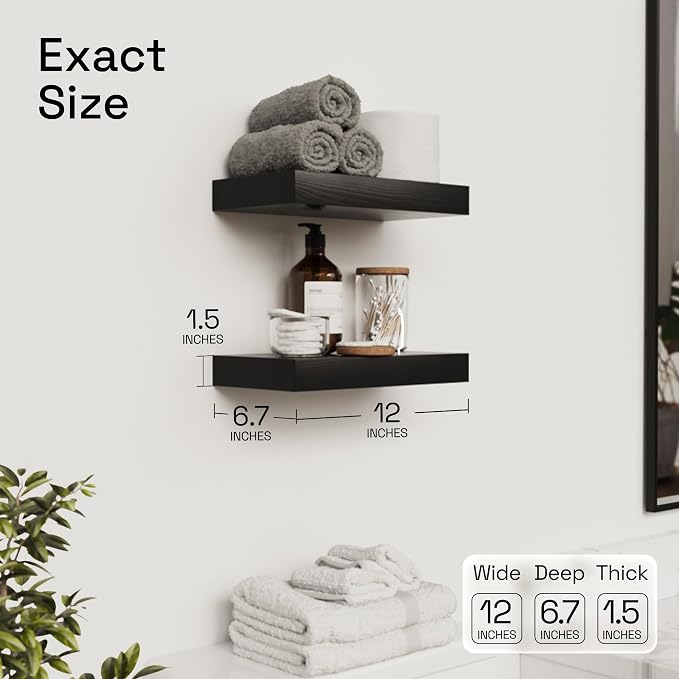 Solid Wood Floating Shelves for Wall 12 Inch Black, Small Wooden Shelf | Real Wood, Wide, Bathroom Shelves for Room Wall Mounted, Kitchen Bedroom, Black Finish, 12W × 6.7D, Set of 2