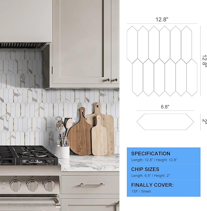 KASARO Peel and Stick Backsplash Long Hexagon Wall Tile, 10-Pieces PVC Self Adhesive Mosaic Tiles, Marble White with Vintage Gold Stripes Decorative for Kitchen, Bathroom and Fireplace