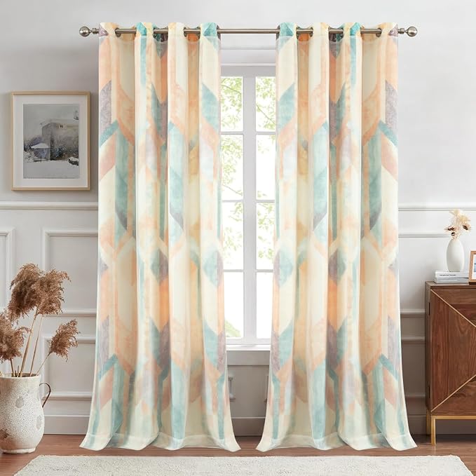 Leeva Short Double Layered Curtains, Linen Textured Geometric Print Privacy Window Treatment Curtain Panels for Bedroom, Set of 2 Grommet Top Drapes, 52 x 63 Inches, Orange