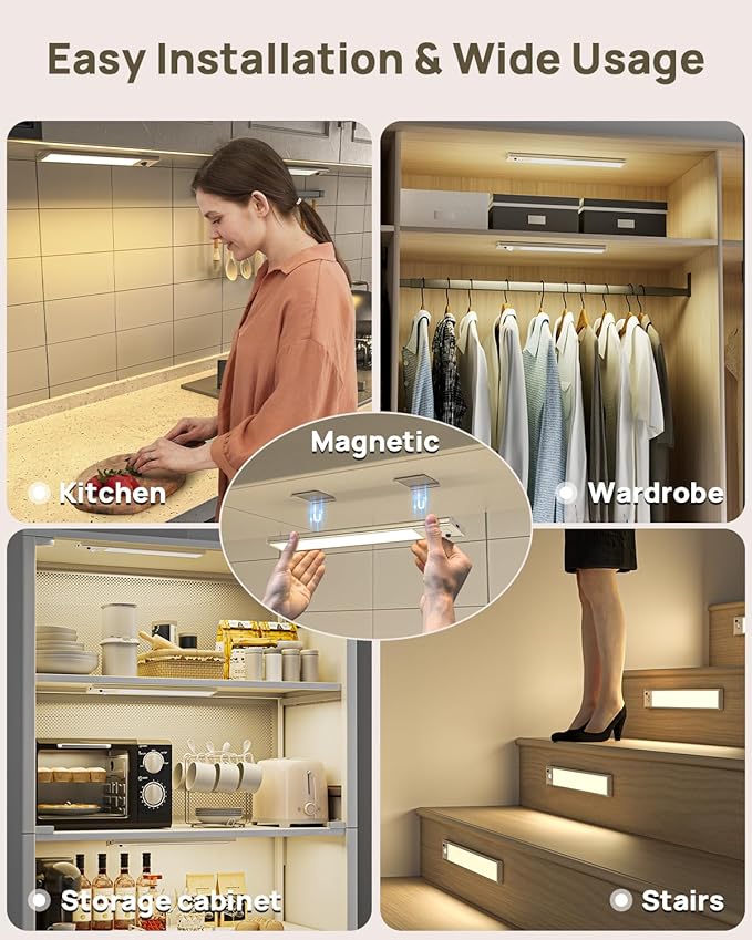 12" Under Cabinet Lights Wireless, Motion Sensor Light Indoor with Remote, LED Rechargeable Closet Light, 3 Color Temps, Dimmable, Magnetic, Under Counter Lights for Kitchen, Stairs, Pantry, Hallway