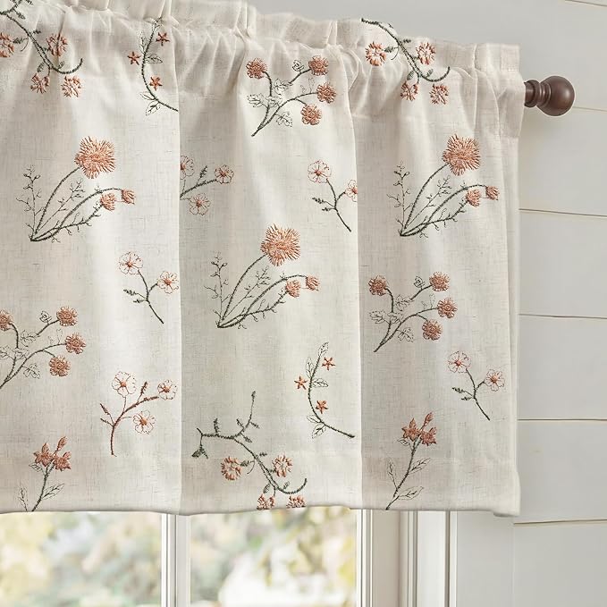 Kitchen Valances for Windows, Floral Embroidered Spring Linen Blend Farmhouse Cottage Vintage Light Filtering Valance Rod Pocket Window Treatment, 52 x 18 Inch, 1 Panel