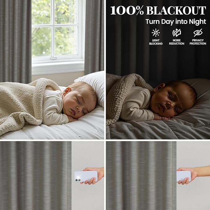 Topfinel Greige Back Tab Blackout Linen Curtains for Bedroom, Thermal Insulated Room Darkening Drapery 84 Inch Length 2 Panels Set, Grandmillennial Boho Sliding Glass Doors Drapes 52" W*84" L