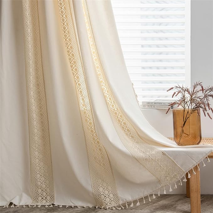 Sutuo Home Boho Curtain Crochet Dots Patchwork Semi-Blackout Bohemian Handmade Tassels, Rod Pocket Window Treatment Vintage Rustic Farmhouse Drapes for Living Bedroom, 1 Panel 59" W x 96" L, Beige