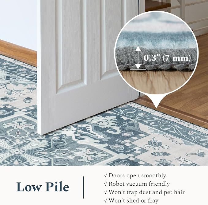 Rugflix 9x12 Area Rug for Living Room, Machine Washable Area Rugs with Non-Slip Backing, Large Soft Boho Vintage Rug for Bedroom, Dining Room, Low Pile Carpet, Kids Pet Friendly, Blue