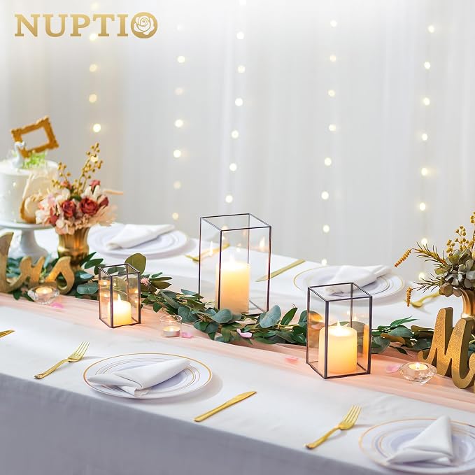 NUPTIO Glass Hurricane Candle Holder: 3 Pcs Black Lanterns Geometric Pillar Candles Holder Decorative Lantern Centerpiece for Outdoor & Indoor Halloween Holiday Fireplace Decor 8.1 & 6.5 & 4.7 inch | Decorative Lantern Centerpiece for Outdoor Indoor Ha...