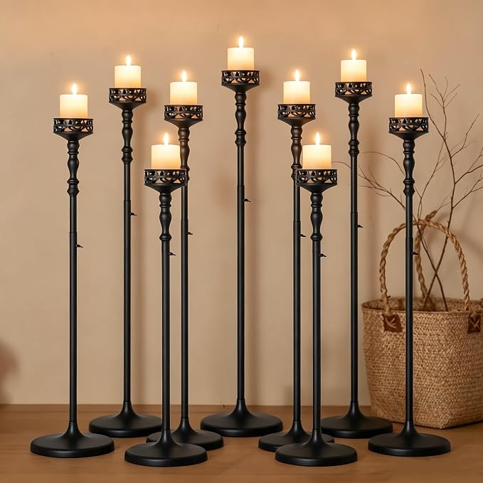 Metal Candlestick Floor Pillar Candleholder Tall Metal Candelabra Candlesticks Holder Black Floor Candle Holder Centerpieces for Wedding Thanksgiving Christmas Home Mantel Decor(9 Pcs)