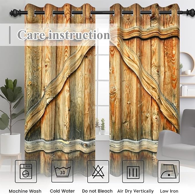 Closed Door Barn Door Curtains Rustic Vintage Wood Door Wooden Plank Window Curtains Farmhouse Countryside Living Room Kitchen Curtain Drapes Treatments Grommets Top,21x45 inch,2 Panels