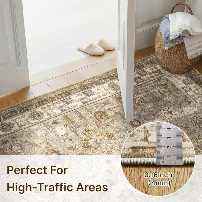 5x7 Area Rug for Living Room-Vintage Farmhouse Boho Floral Neutral Washable Stain Resistant Indoor Carpet for Bedroom Office and Home Decor(Brown&Gold)