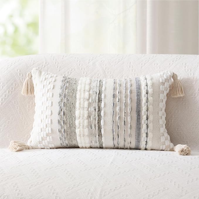 Kevin Textile 12x20 Inch Lumbar Throw Pillow Cover 1 Pack Boho Decorative Soft Chenille Thread Woven Tufted Textured Rectangle Cushion Case Farmhouse Accent for Living Room Couch Sofa Bed, Grey
