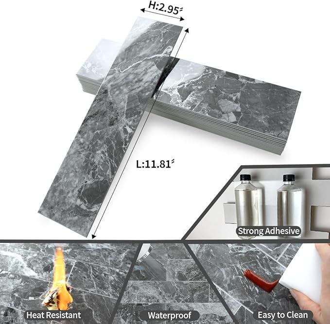 AULIGET 40-Piece Polished Grey Marble with Silver Peel and Stick Backsplash Wall Tiles, 3" x 12" PVC Faux Stone Stick on Tiles for Backsplash Kitchen, Bathroom, Laundry Room, Camper, Fireplace