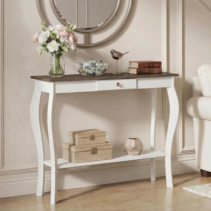 ChooChoo Narrow Farmhouse Console Table with Drawer, Chic Accent Sofa Entryway Table with Shelves for Entryway, Living Room, Hallway, Soft White