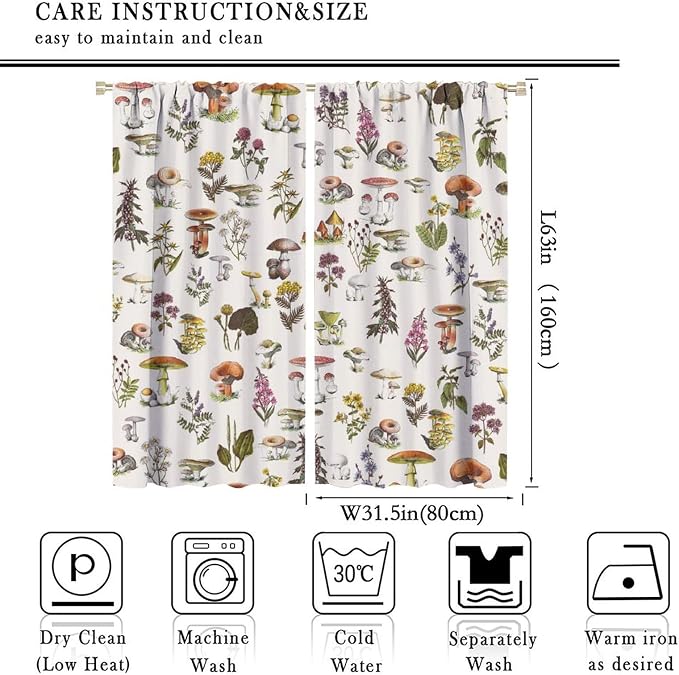 Vintage Botanical Curtains, Rustic Plants Herbs Mushroom Nature Wildflower Print Blackout Window Treatments for Living Room Bedroom Kitchen 63x63in
