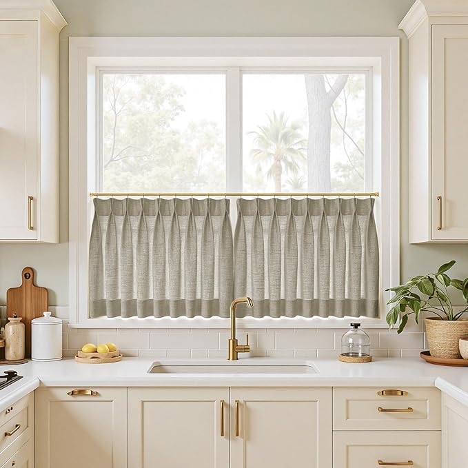 TWOPAGES 26" W x 18" L Linen Blend Cafe Curtains for Kitchen Window, Light Filtering Pinch Pleated Tier Curtains, Modern Farmhouse Half Window Curtains for Small Window, Pure Cashmere, 2 Panels