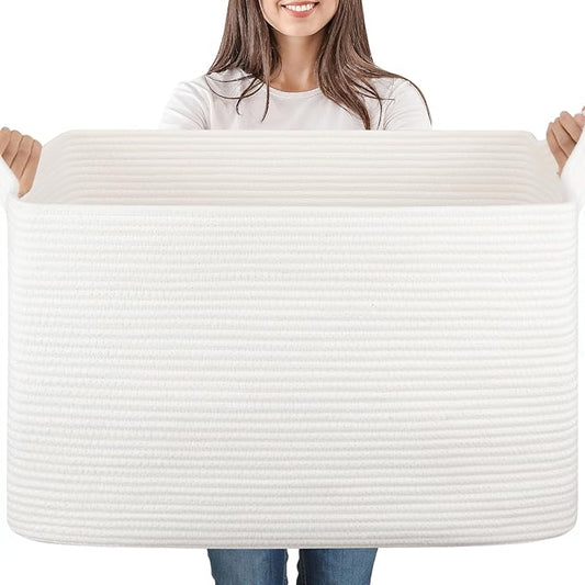 95L Cotton Rope Large Blanket Basket (24" x 16.9" x 14.2") for Living Room, Kids Room & Laundry, Storage Basket with Handle for Organizing Blankets, Pillows, Clothes & Toys, White