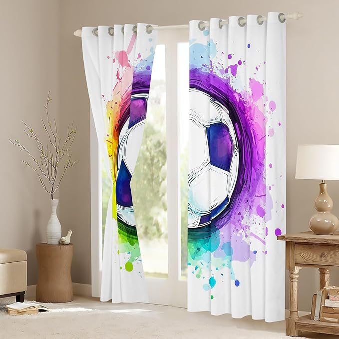 Erosebridal Teens Soccer Window Drapes, Football Print Curtains for Kids Boys Girls Sports Games Theme Window Curtain Panels Tie-Dye Watercolor Window Treatment Set for Living Room 84"X84"