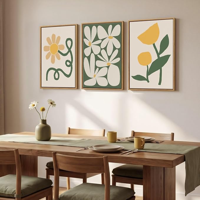 Framed Boho Abstract Wall Art Bedroom, 3 Piece Green and Yellow Mid Century Modern Canvas Artwork for Walls, Paintings Prints Botanical Floral Pictures for Living Room Dining Room Wall Decor, 16x24 In