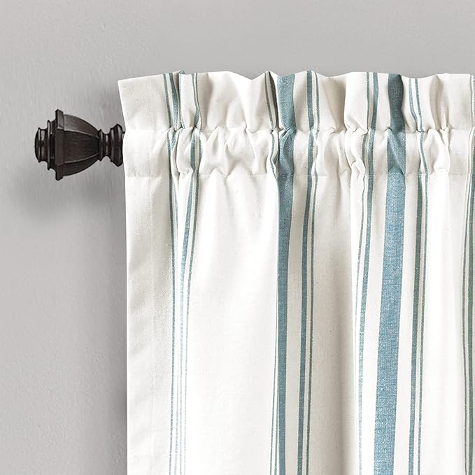 Lush Decor Farmhouse Stripe Yarn Dyed Recycled Cotton Window Curtain Valance, 18" L x 52" W, Blue - Classic Modern Rustic Charm - Eco Friendly Cotton Fabric