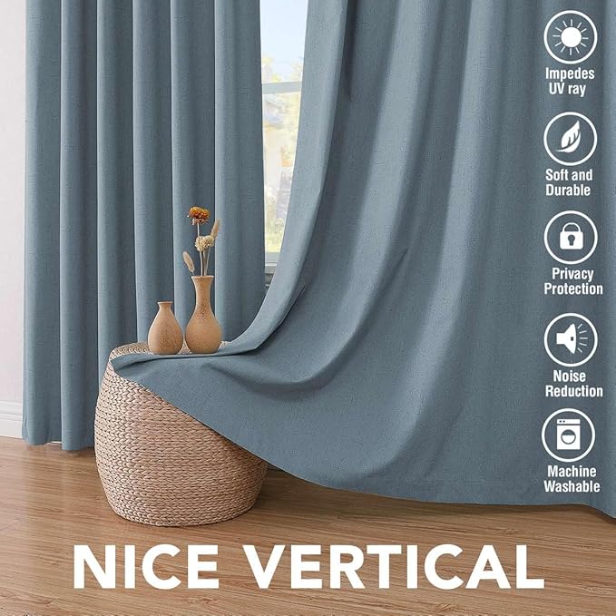 H.VERSAILTEX Linen Look 100% Blackout Curtains 95 Inches Long for Bedroom Full Light Blocking Rod Pocket Linen Textured Thick Window Curtain Drapes with White Backing, Stone Blue, 2 Panels