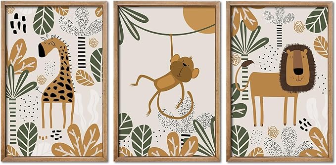 Safari Wall Decor Nursery Art Jungle 16x24 set of 3 Wood Frame for Kids | Animal Cartoon Lion Monkey Giraffe Prints, Baby/Toddler Room, Boho Jungle Theme