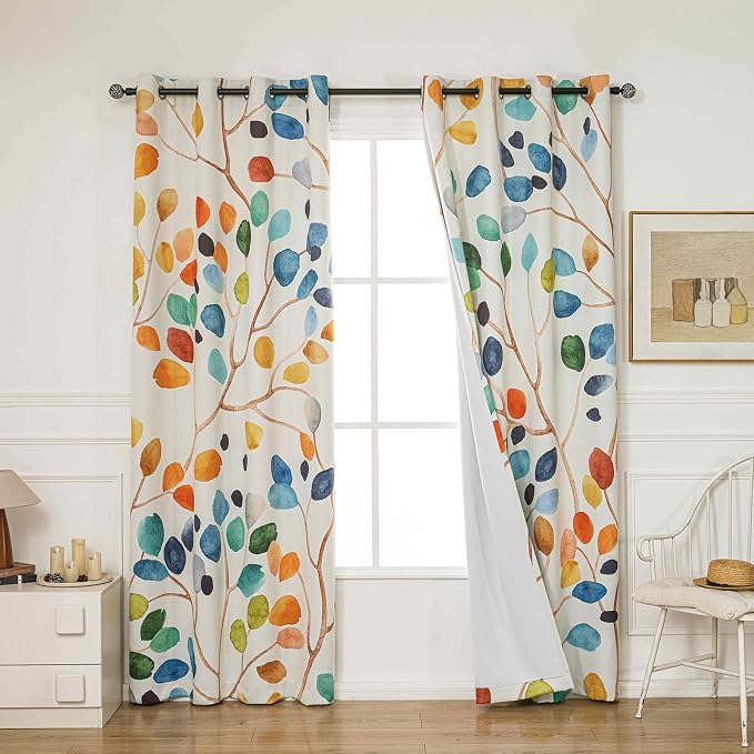 Boho Colorful Leaf Floral Blackout Curtains, Watercolor Bohemian Flower Print Window Drapes, Living Room Bedroom Decor 2 Panels 52x63 Inch