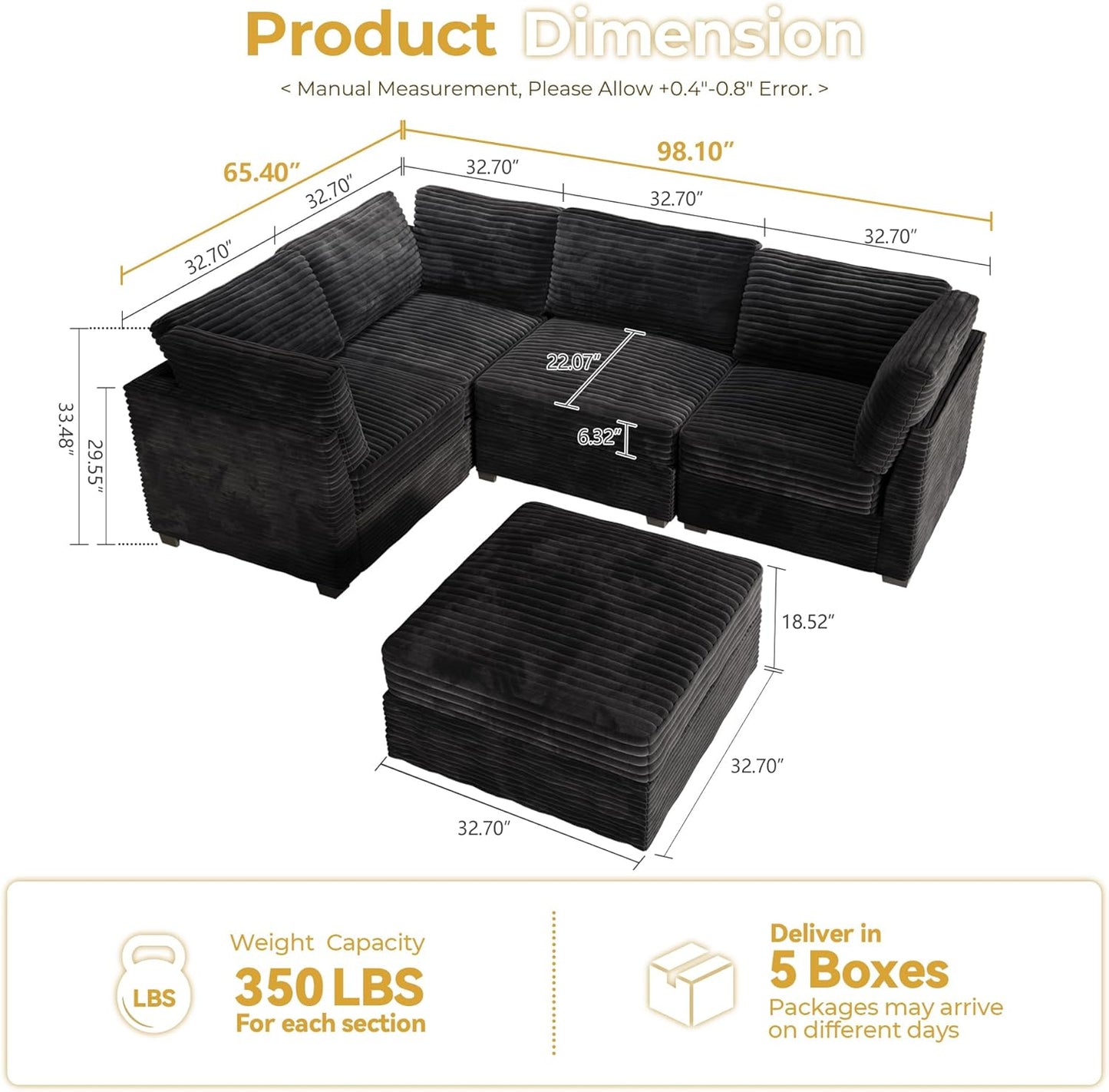 HOOOWOOO Modular Sectional Sofa,5 Pieces Sectional Couches for Living Room,98X66 L Shaped Cloud Couch with Ottoman Chaise Set(Black Velvet Corduroy)