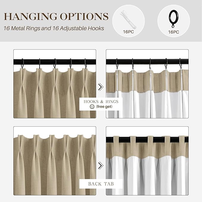 IVAPUPU Sand Pinch Pleated Full Blackout Linen Curtains for Bedroom, Black Out Curtains 108 Inches Long for Living Room Darkening Thermal Insulated Neutral Pleat Drapes with 16 Hooks, 2 Panels