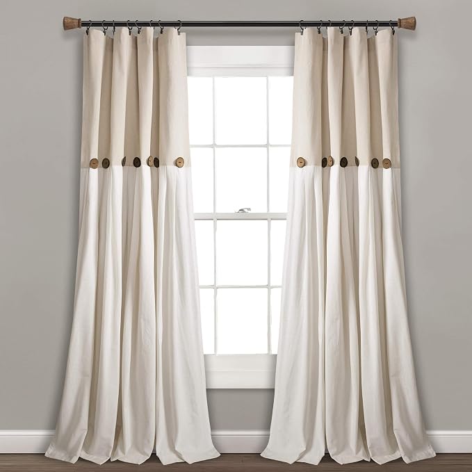 Lush Decor Linen Button Window Curtain Panel, Single, 40" W x 95" L, Linen- Country Curtains - Rustic Decor - Color Block - Modern Farmhouse Curtains