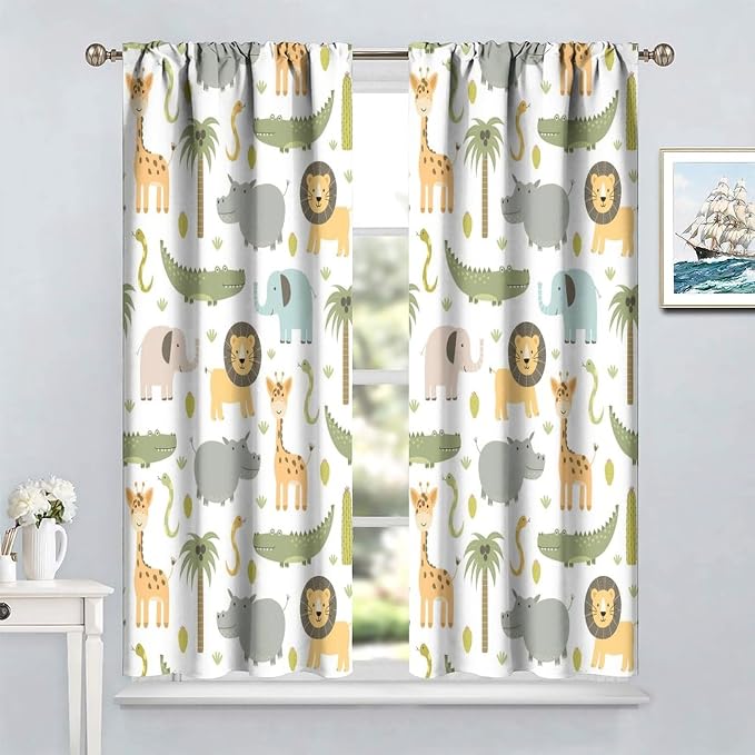 Nursery Safari Animals Curtains, Baby Boy Girl Kids Woodland Jungle Forest Lion Elephant Printed Curtains for Living Room Bedroom Window Drapes 2 Panel Sets63x72 Inch