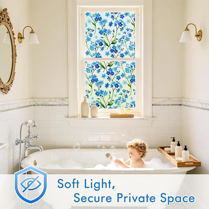 SOMWISE Frosted Glass Window Privacy Film with Tools, Heat Blocking, Anti-UV, Anti-Glare, Static Cling, Decor for Home Bathroom Door, Renter Friendly, Removable, Reusable, Blue 35Inchx78.5Inch