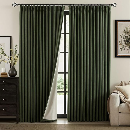 IVAPUPU Linen Pinch Pleated Full Blackout Curtains for Bedroom - 2 Pages Black Out Green Curtains 63 Inch Long 2 Panel for Living Room Darkening Thermal Window Curtain Drapes with 16pc Hooks