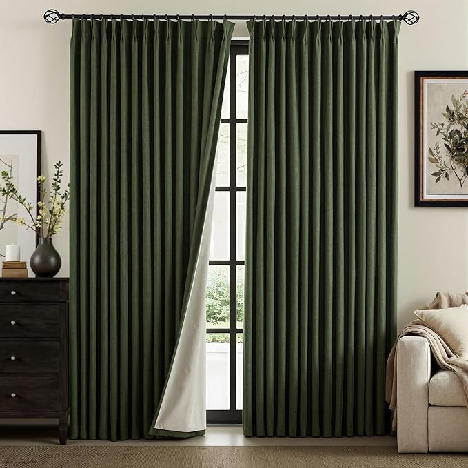 IVAPUPU Linen Pinch Pleated Blackout Curtains for Bedroom - Full Black Out Green Curtains 84 Inch Long 2 Panel for Living Room Darkening Thermal Window Curtain Drapes for Christmas Decor