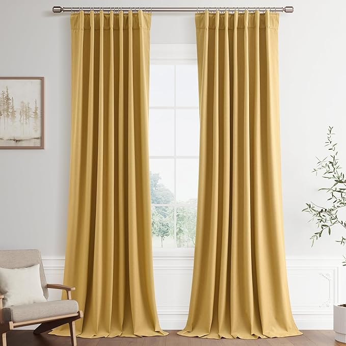 Joywell 100% Blackout Linen Curtains 108 Inch Long for Large Bedroom Window Black Out Curtain Light Blocking Drapes Floor to Ceiling Hook Belt Back Tab 2 Panels Set,52 x 108,Gold
