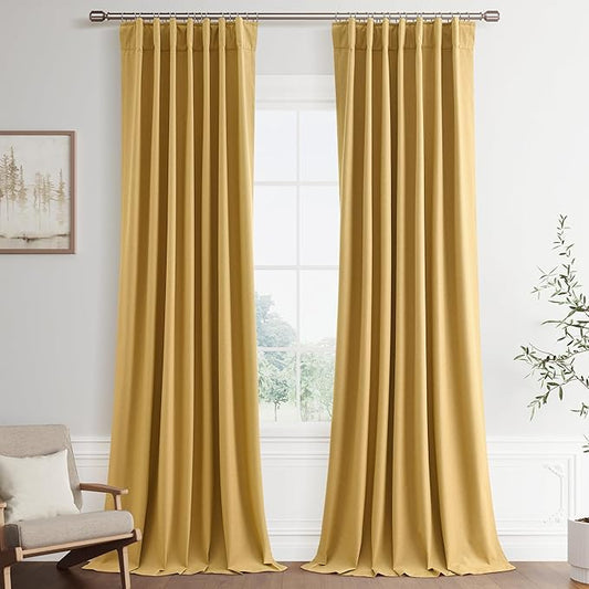 Joywell 100% Blackout Linen Curtains 108 Inch Long for Large Bedroom Window Black Out Curtain Light Blocking Drapes Floor to Ceiling Hook Belt Back Tab 2 Panels Set,52 x 108,Gold