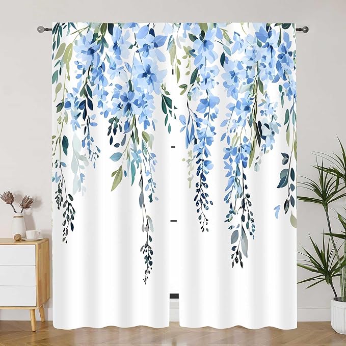 Blue Watercolor Floral Curtains, Botanical Leaves Vine Flowers Curtain, Rustic Farmhouse Flower Leaf Blackout Window Treatment Drapes for Bedroom Living Room 52x72 inch, 2 Panels