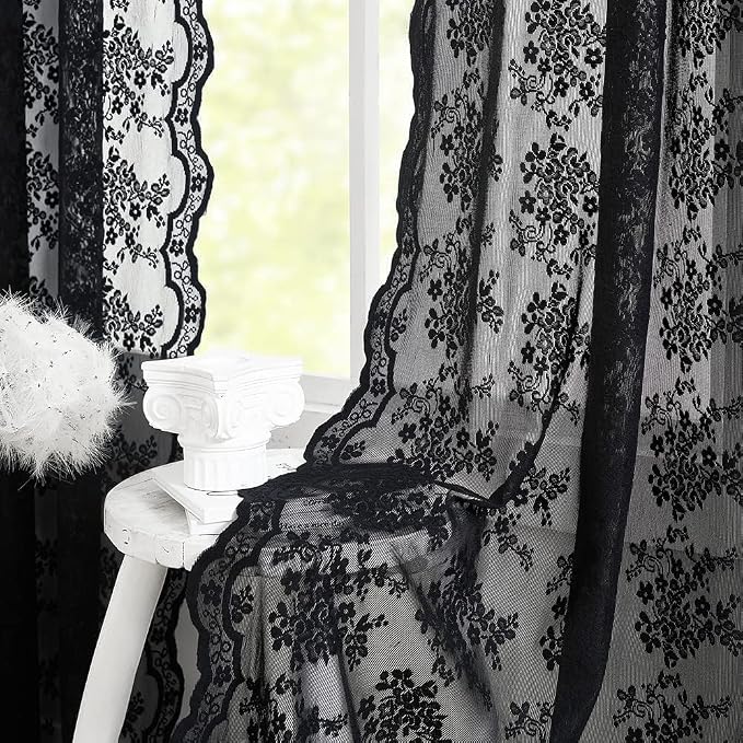 YJ YANJUN Vintage Lace Curtains 45 Inch Length-Victorian Dark Floral Pattern Black Sheer Curtain Panels for Kitchen Bedroom,Light Filtering, Gothic Witchy Halloween Short Drapes 2 Panels 52W x 45L