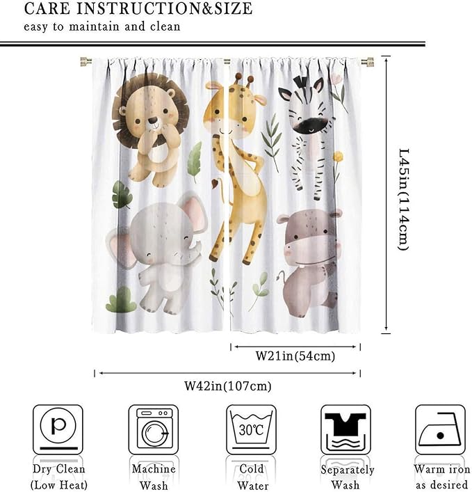 Nursery Curtains Jungle Safari Theme with Giraffe Print, Kids Room Classroom Decor, 42x45 Inches, 75% Blackout Fabric for Baby Nursery, Animal Cub Design, Easy Install & Machine Washable