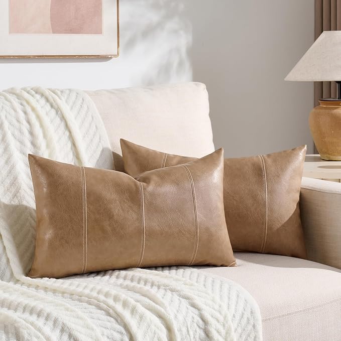 Fancy Homi Light Brown Boho Long Lumbar Faux Leather Decorative Throw Pillow Covers 12x20 Inch for Living Room Couch Bed Sofa, Hand Stitched Rectangle Cushion Case, Rustic Modern Farmhouse Home Decor